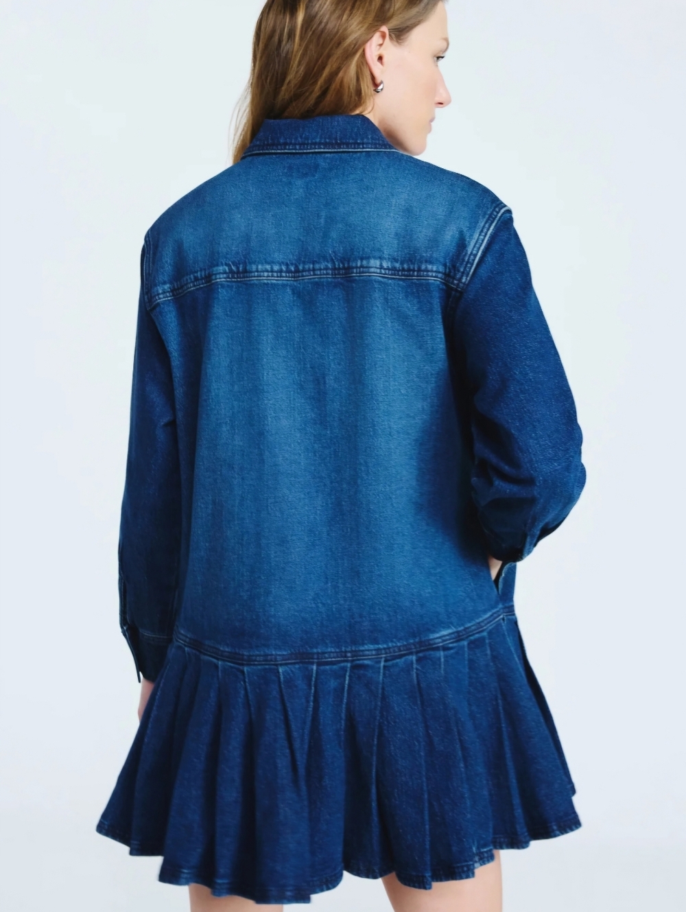 Scoop Women’s Denim Pleated Mini Shirt Dress Long Sleeve - Picture 3 of 5